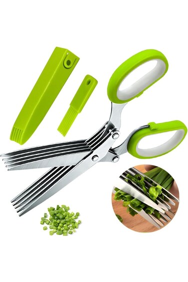 مقص أعشاب المطبخ، مقص طعام متعدد الأغراض، 5 شفرات من الفولاذ المقاوم للصدأ وغطاء أمان للمطبخ