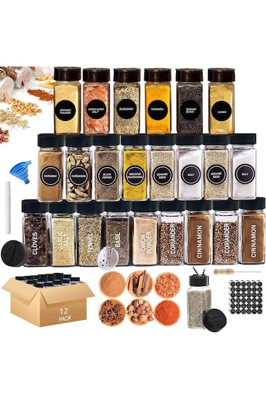 PlorFox 12 Pcs Glass Spice Jars with Lids, Glass Salt and Pepper Shakers Set, 4 oz Glass Jars with