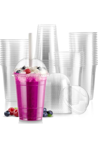 كوب بلاستيكي شفاف خالٍ من مادة BPA، سعة 16 أونصة، مع غطاء مقبب، مناسب لتحضير الوجبات الخفيفة والقهوة الباردة.