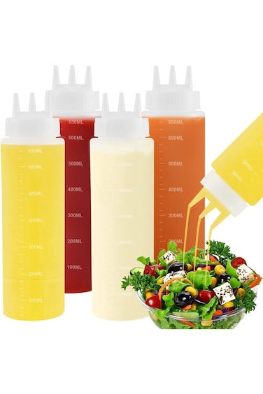 MAKINGTEC 4Pack 3 Hole Squeeze Bottles, 23 oz Plastic Condiment Containers for Salad Dressing, Sauc
