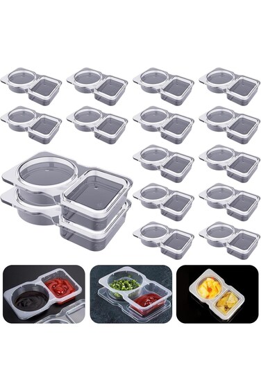 تزوييق، 15 قطعة، حاويات توابل مزدوجة الحجرة مع أغطية، حاويات وجبات خفيفة للاستخدام مرة واحدة مكونة من حجرتين
