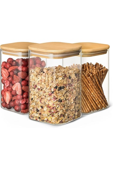 Praknu Glass Storage Jars with Lid - Set of 3 Square Jars - Airtight Bamboo Lids - 6 Seals - 1L - D