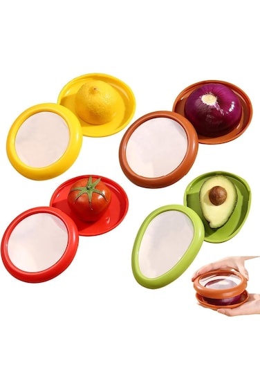 Food Storage Container Set, 4-Piece, Avocado Lemon Tomato Onion Keeper, Reusable Fridge Pods,Fruit
