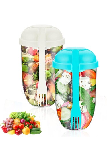 ALMEKAQUZ 2 Pcs Salad Cup with Lids and Fork Fresh Salad Shaker Container for Lunch, Keep Fit Salad