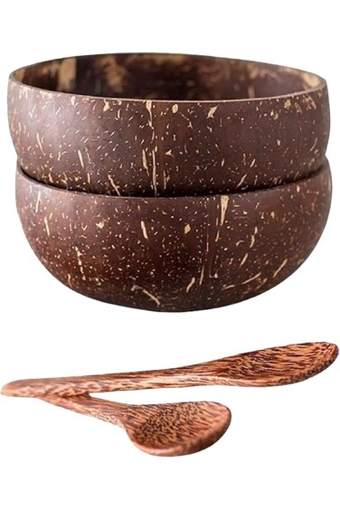 Paporich 2 Set Natural Coconut Bowls and Wooden Spoons,Reusable Coconut Shell Bowls, Ideal for Smoo