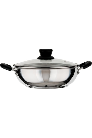 مقلاة كاداي من الفولاذ المقاوم للصدأ من بريتيش تشيف، مقاس 22 سم، بغطاء زجاجي   قاعدة متوافقة مع مواقد الحث والغاز   هيا