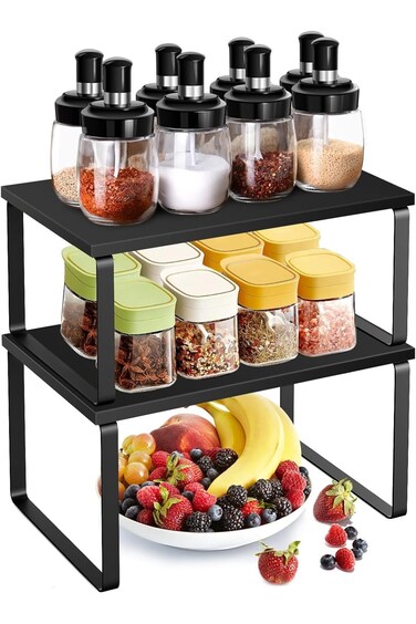 منظم رفوف URbazaar، رف توابل، رف خزانة قابل للتكديس والتوسيع للمطبخ، قطعتان - عرض