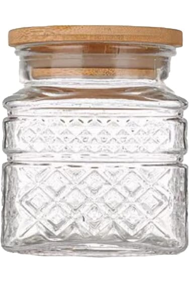 Excefore Small Vintage Glass Airtight Storage Jar, 600ml Square Glass Canister with Bamboo Lid, Emb
