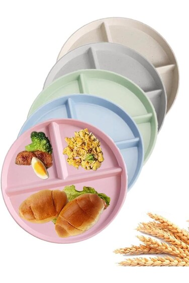 9" Unbreakable Divided Plates Set of 5, Wheat Straw Plate Reusable Dinnerware Portion Control Plate
