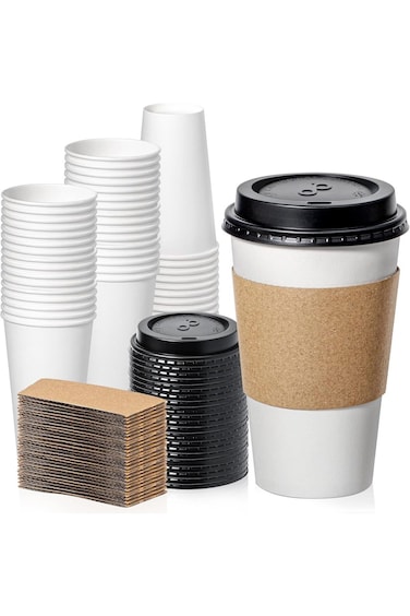Fit Meal Prep [50 Pack] 16 oz Hot Beverage Disposable White Paper Coffee Cup with Black Dome Lid an
