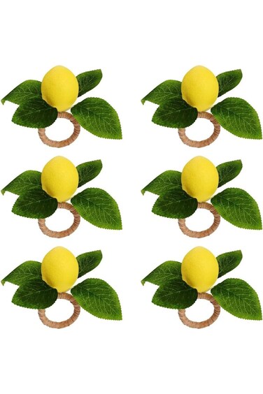 Napkin Rings,6pcs Lemon Round Napkin Holders with Faux Lemon Vine Leaf for Dinner and Parties