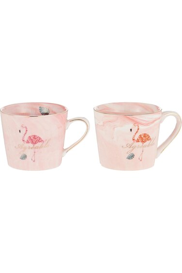 Goldedge Elegance &amp; Agreeable Pink Flamingo Mugs - Set of 2 Pc with Gold Color Stainless Steel Stir