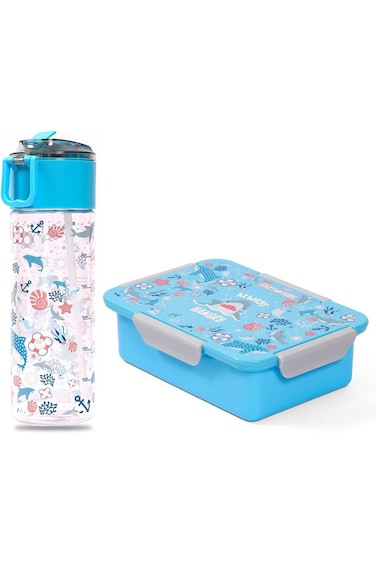 Eazy Kids Lunch Box and Tritan Water Bottle w/Snack Box, Shark - Blue, 450ml