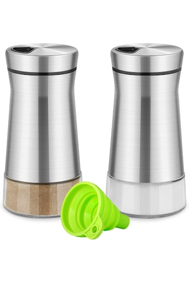 Salt and Pepper Shakers, with Adjustable Pour Hole, Stainless Steel Salt Shaker with Clear Glass Bo
