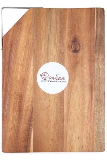 Bien Servi Rectangular Acacia Tray with Handle Brown and Silver 36 x 26cm AW19-X005-L