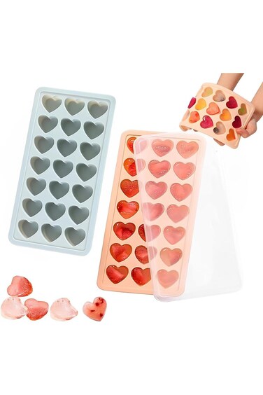 Tazweeq Ice Cube Trays with Lids, 2 Pack Heart ice Molds, 21 Holes Silicone Heart Ice Cube Molds, F