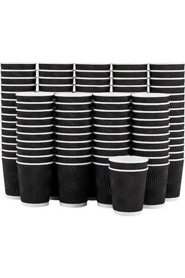 CUPZI 50 Pack 8 oz Insulated Ripple Triple Wall Paper Coffee Cups with Black Lids, Premium Disposab