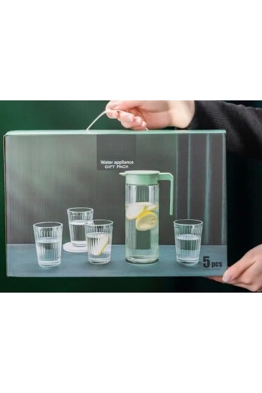 WDA Glass Water Pitcher Set, 1L Carafe with 4 Drinking Glasses, Vertical Line Design