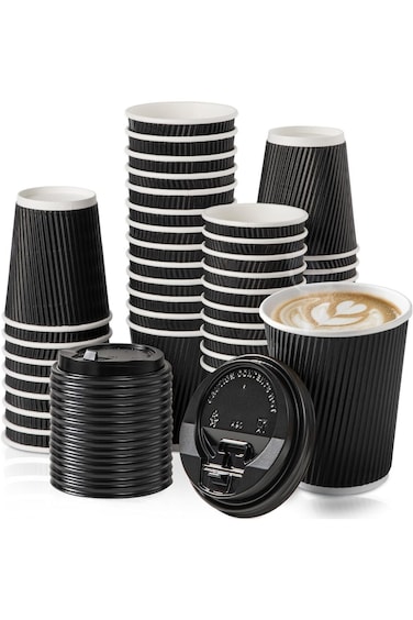 مجموعة من 50 كوب قهوة معزول ثلاثي الجدران من Fit Meal Prep، سعة 12 أونصة، مع أغطية سوداء، جودة ممتازة