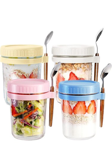 Glass Jars, 4 Pack Overnight Oats Containers, Overnight Oats Container with Lid and Spoon, 12 oz La