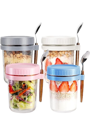 برطمانات شوفان بيج ثري للطهي طوال الليل، عبوة من 4 عبوات شوفان للطهي طوال الليل مع غطاء وملعقة، 10 أونصة من الحبوب، ميلك