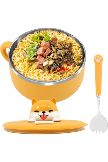 Stainless Steel Noodle Bowl Set, Cartoon Cat Instant Ramen Noodle Bowl with Lid, Japanese Ramen Bow
