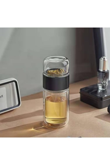 Goodern 350ML Tea Infuser Bottle Glass,Double Wall Glass Travel Mug with Stainless Steel Filter Lea