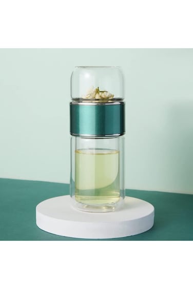 Goodern 350ML Tea Infuser Bottle Glass,Double Wall Glass Travel Mug with Stainless Steel Filter Lea