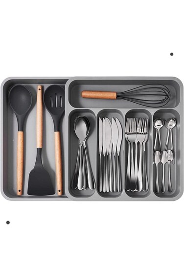 منظم أدراج المطبخ من Aputue، منظم أدراج أدوات المائدة الفضية، منظم أدوات المائدة الفضية القابل للتوسيع، فضي