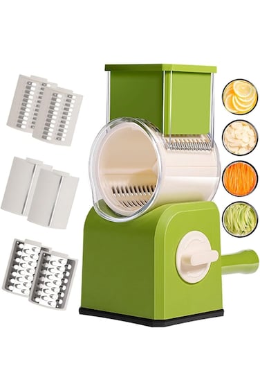Tazweeq Manual Vegetable Chopper With 6 Stainless Steel Blades - Rotary Cheese Grater, Onion Dicer,