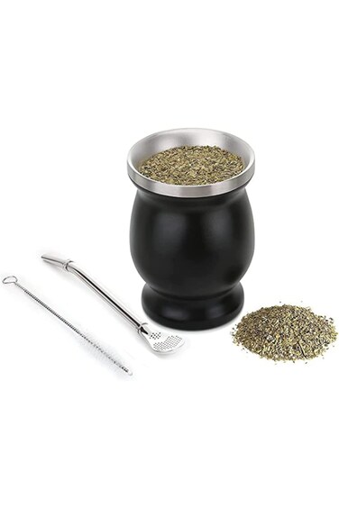 8 Oz Yerba Mate Cup, Stainless Steel Double Insulation Cup with Straw, Gourd Teacup Set (Black)