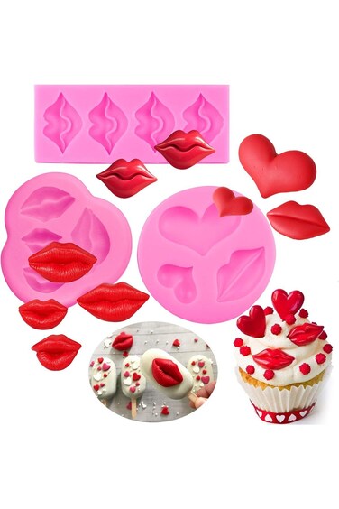 مجموعة من 3 قوالب سيليكون على شكل شفاه مثيرة، قالب للفوندان والشوكولاتة والخبز على شكل قلب والكب كيك (حفلات استقبال المولود الجديد).