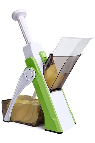 قطاعة خضراوات ماندولين مع حاوية تجميع، مثالية لتقطيع الخضراوات والفواكه بشفرة من الفولاذ المقاوم للصدأ، صبار