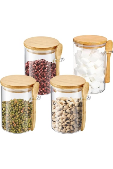 مجموعة من 4 برطمانات زجاجية من تراسل مع غطاء محكم الإغلاق من الخيزران وملعقة، حاويات زجاجية لتخزين الطعام، O
