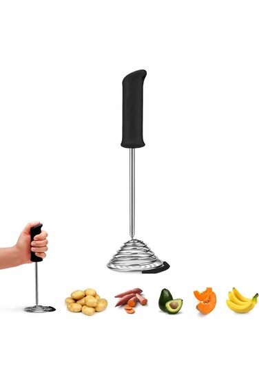Dreamfarm Smood - One-Press Spring Coil Potato Masher with Silicone Pot Scraper (Black)