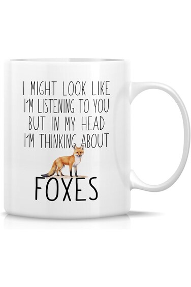 كوب ريتريز المضحك لمحبي الثعالب - التفكير في الثعالب - كوب قهوة أو شاي خزفي سعة 11 أونصة - صورة متحركة فكاهية