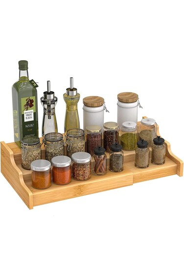 منظم رفوف التوابل القابل للتمدد من الخيزران من MuHadJiya، منظم مطبخ بثلاث طبقات لخزانة المؤن أو الخزانة