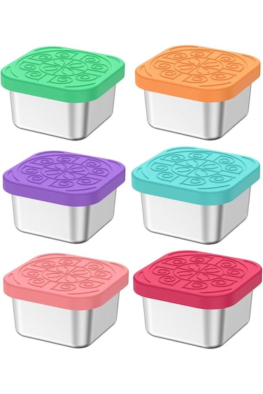 ALMEKAQUZ 6 قطع من حاويات الوجبات الخفيفة المصنوعة من الفولاذ المقاوم للصدأ، أكواب صلصة مربعة نابضة بالحياة مع أغطية سيليكون، 2 أونصة