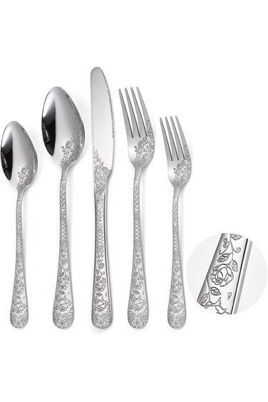 KASTWAVE Floral Silverware Set, 5 Silvery Flatware Stainless Steel with Delicate Engraved Rose Flow