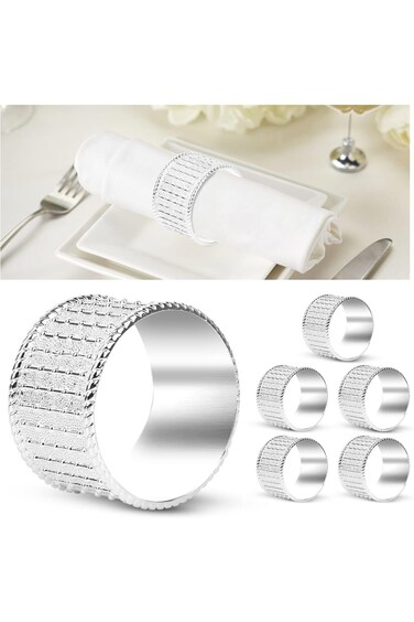 Excefore Set of 6 Silver Stainless Steel Napkin Rings, Elegant Bead Design for Dining and Celebrati