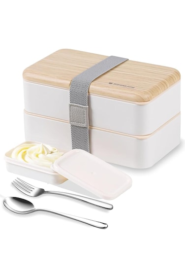 Binoster Japanese Style 2 Layer Food Containers with Utensils Spoon and Fork Bundle (White)