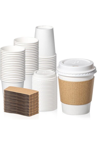 مجموعة فيت ميل بريب، 50 كوب قهوة للاستخدام مرة واحدة، سعة 8 أونصات، مع أغطية وأكمام ومحركات، بريميوم تو جو كو