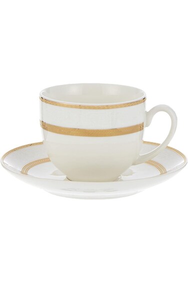 Shallow Bone China Cups And Saucers Set, White/Gold, 220Cc, Ts-200-Lin-A, 12 Pieces
