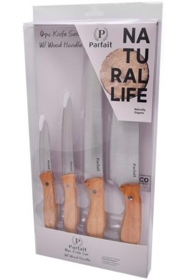 Parfait 4-Piece Kitchen Knife Set with Wooden Handle Silver and Brown N-A555EA1001