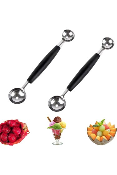 SWIUKPHE 2PCS Double Ended Headed Fruit Icecream Ball Spoon,Stainless Steel Melon Baller,Smooth Rou