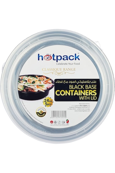 Hotpack Microwaveable Round Black Base Meal Prep Container With Clear Lid, Lunch Boxes 32 Oz 5 Piec