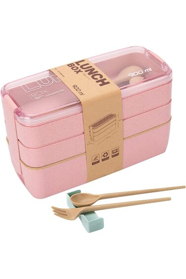 Pink Stackable Bento Box Japanese Lunch Box Kit, Bento Lunch Box Umami Durable All-In-One with Cutl
