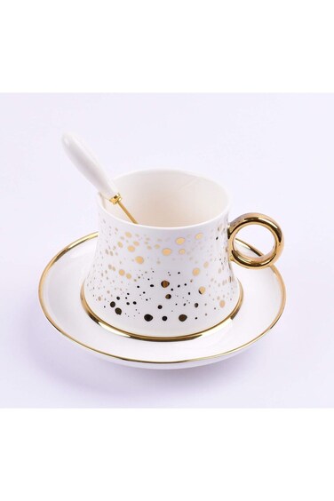 طقم أكواب وصحن من السيراميك الفاخر من هوم كونسيبت، مكون من 3 قطع، مع ملعقة، أبيض/ذهبي، Ar-311-4