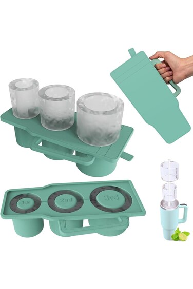 Ice Cube Tray for 20Oz 30Oz 40Oz Stanley Cups, Tumbler with Handle &amp; Lid, Emeralune 3 Hollow Cylind