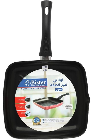 Bister Non Stick Cookware Stripy Grill Pan, Nonstick with Flat Bottom Suitable for Induction, Red/B